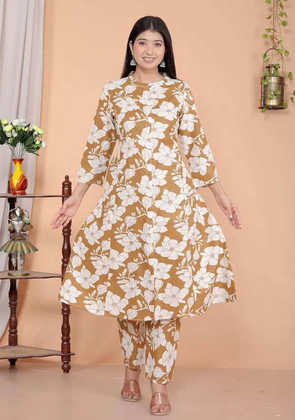Brown_Cotton_Floral_Printed_Mandarin_Collar_A-Linen_Kurti_With_Pant_For_Women