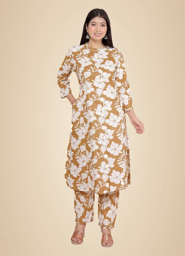 Brown_Cotton_Floral_Printed_Mandarin_Collar_A-Linen_Kurti_With_Pant_For_Women