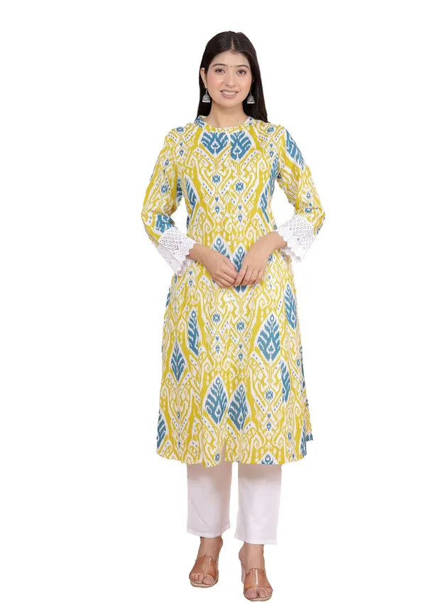 Lemon_Cotton_Printed_Mandarin_Collar_A-Linen_Kurti_With_Pant_For_Women