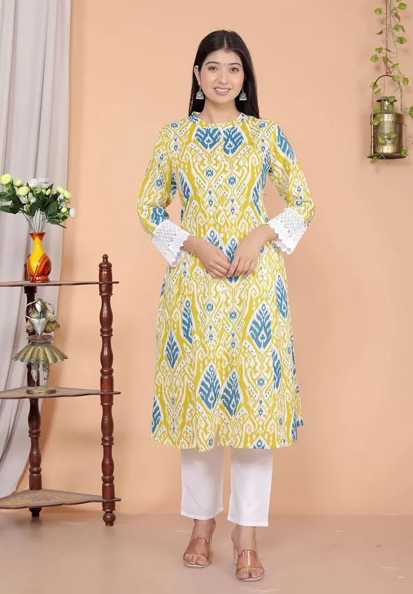Lemon_Cotton_Printed_Mandarin_Collar_A-Linen_Kurti_With_Pant_For_Women