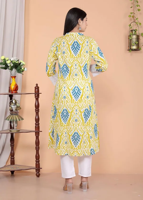 Lemon_Cotton_Printed_Mandarin_Collar_A-Linen_Kurti_With_Pant_For_Women