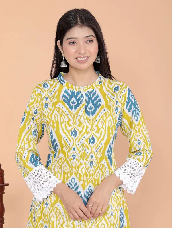 Lemon_Cotton_Printed_Mandarin_Collar_A-Linen_Kurti_With_Pant_For_Women