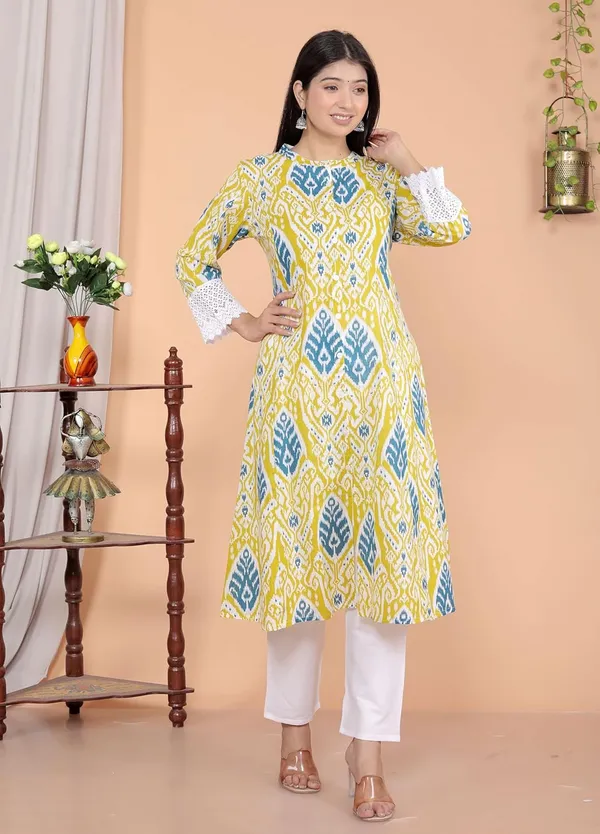 Lemon_Cotton_Printed_Mandarin_Collar_A-Linen_Kurti_With_Pant_For_Women