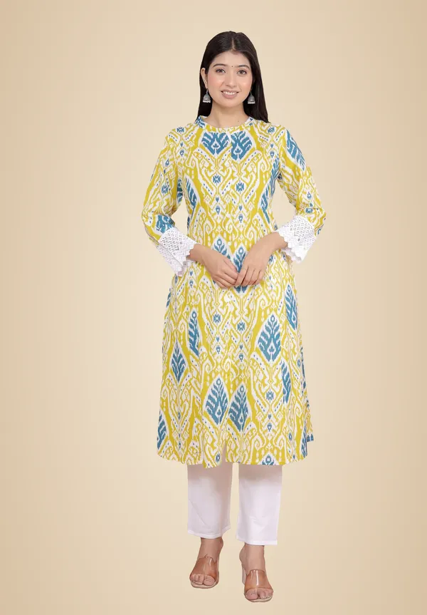 Lemon_Cotton_Printed_Mandarin_Collar_A-Linen_Kurti_With_Pant_For_Women