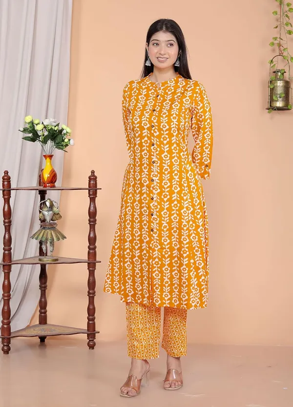 Yellow_Cotton_Floral_Printed_Mandarin_Collar_A-Linen_Kurti_With_Pant_For_Women