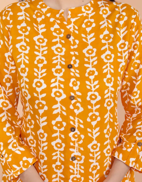 Yellow_Cotton_Floral_Printed_Mandarin_Collar_A-Linen_Kurti_With_Pant_For_Women
