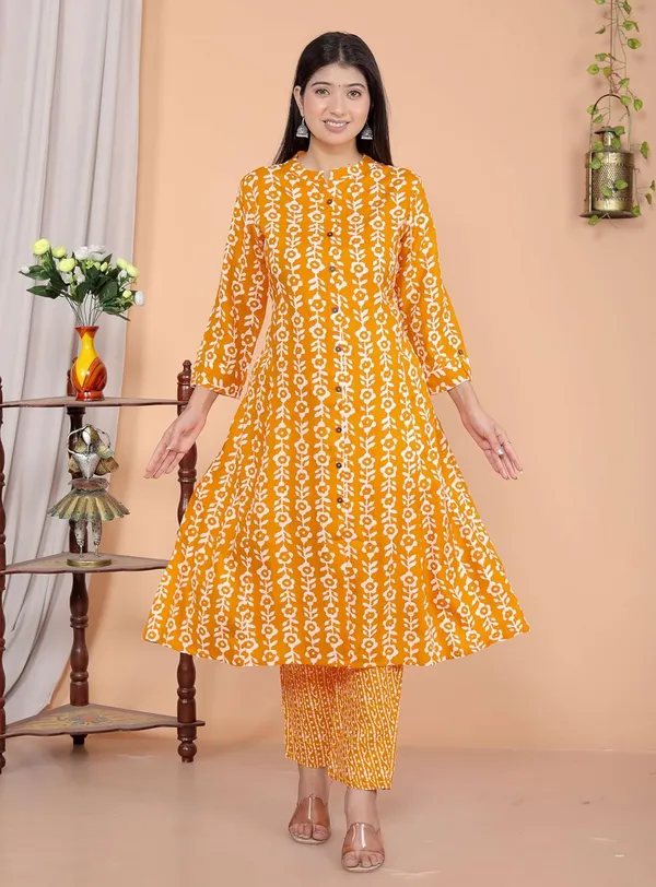 Yellow_Cotton_Floral_Printed_Mandarin_Collar_A-Linen_Kurti_With_Pant_For_Women