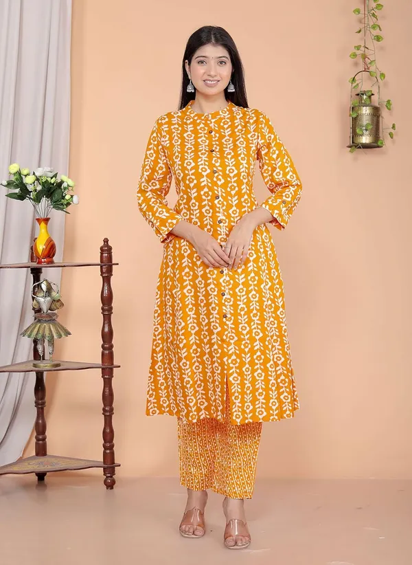 Yellow_Cotton_Floral_Printed_Mandarin_Collar_A-Linen_Kurti_With_Pant_For_Women
