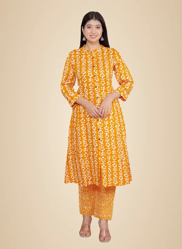 Yellow_Cotton_Floral_Printed_Mandarin_Collar_A-Linen_Kurti_With_Pant_For_Women