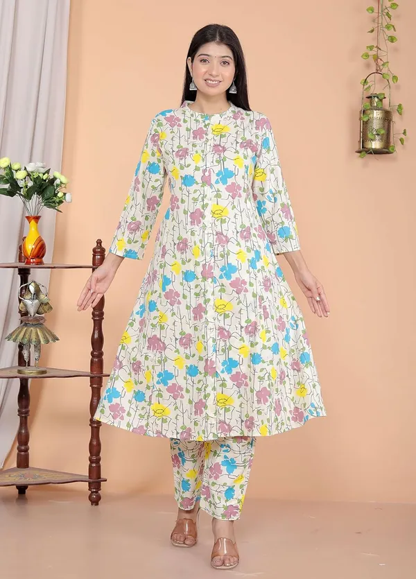 Cream_Cotton_Floral_Printed_Mandarin_Collar_A-Linen_Kurti_With_Pant_For_Women