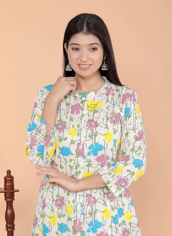 Cream_Cotton_Floral_Printed_Mandarin_Collar_A-Linen_Kurti_With_Pant_For_Women