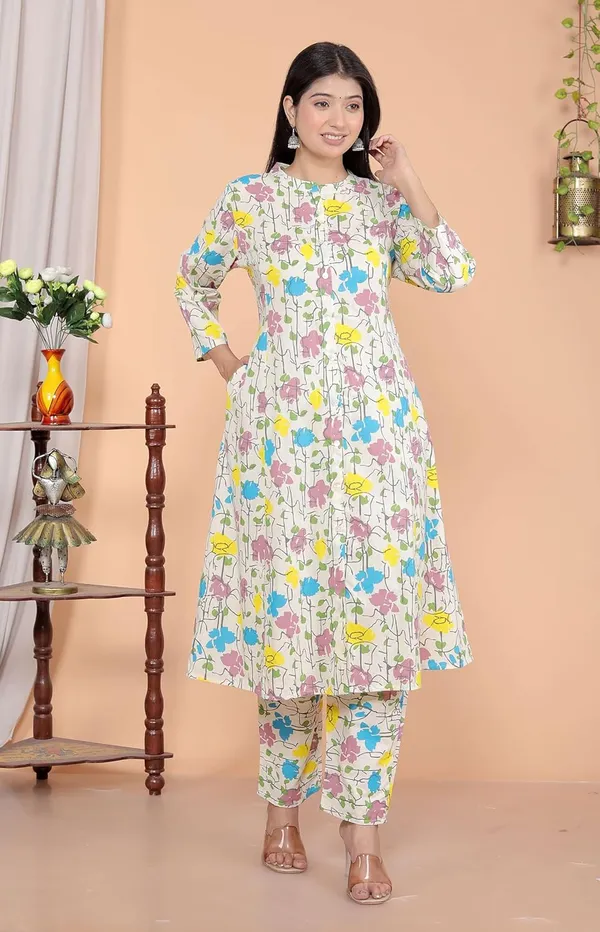Cream_Cotton_Floral_Printed_Mandarin_Collar_A-Linen_Kurti_With_Pant_For_Women