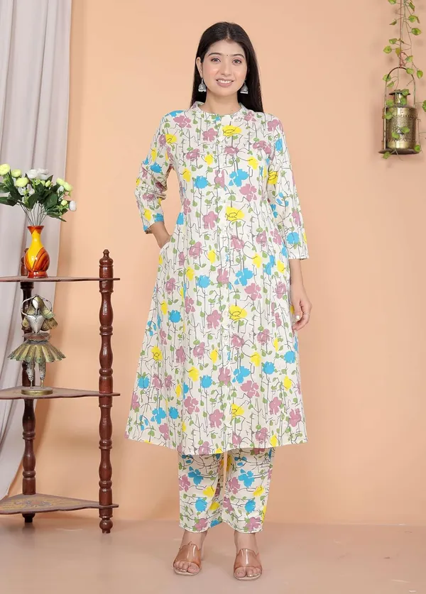Cream_Cotton_Floral_Printed_Mandarin_Collar_A-Linen_Kurti_With_Pant_For_Women