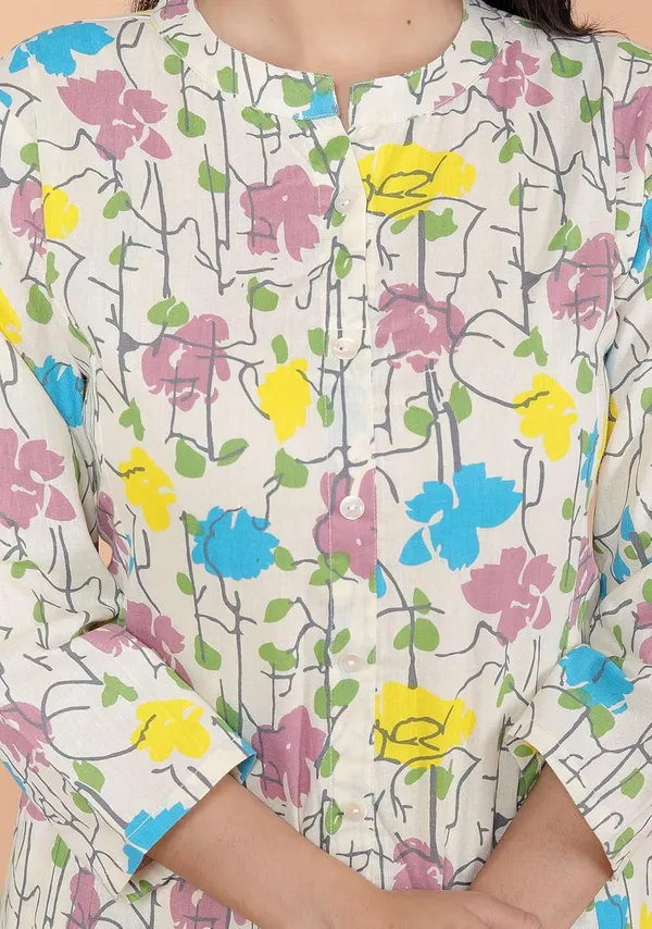 Cream_Cotton_Floral_Printed_Mandarin_Collar_A-Linen_Kurti_With_Pant_For_Women