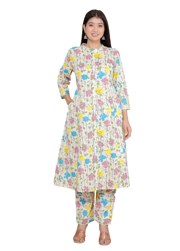 Cream_Cotton_Floral_Printed_Mandarin_Collar_A-Linen_Kurti_With_Pant_For_Women