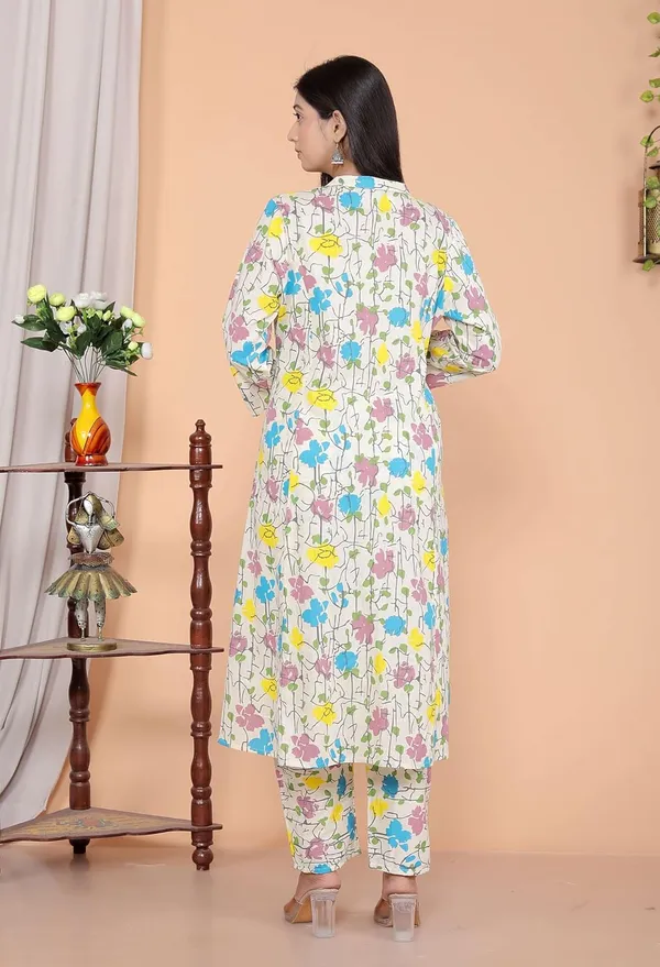 Cream_Cotton_Floral_Printed_Mandarin_Collar_A-Linen_Kurti_With_Pant_For_Women
