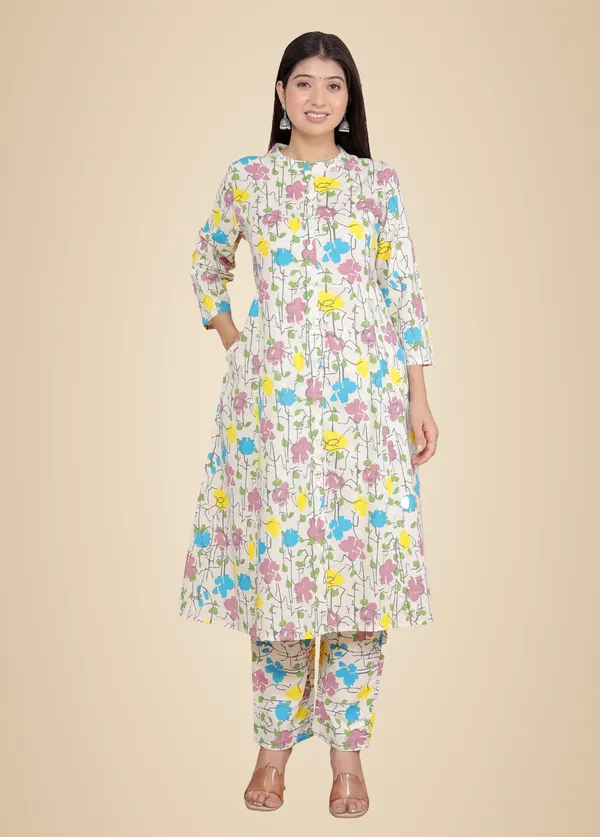 Cream_Cotton_Floral_Printed_Mandarin_Collar_A-Linen_Kurti_With_Pant_For_Women