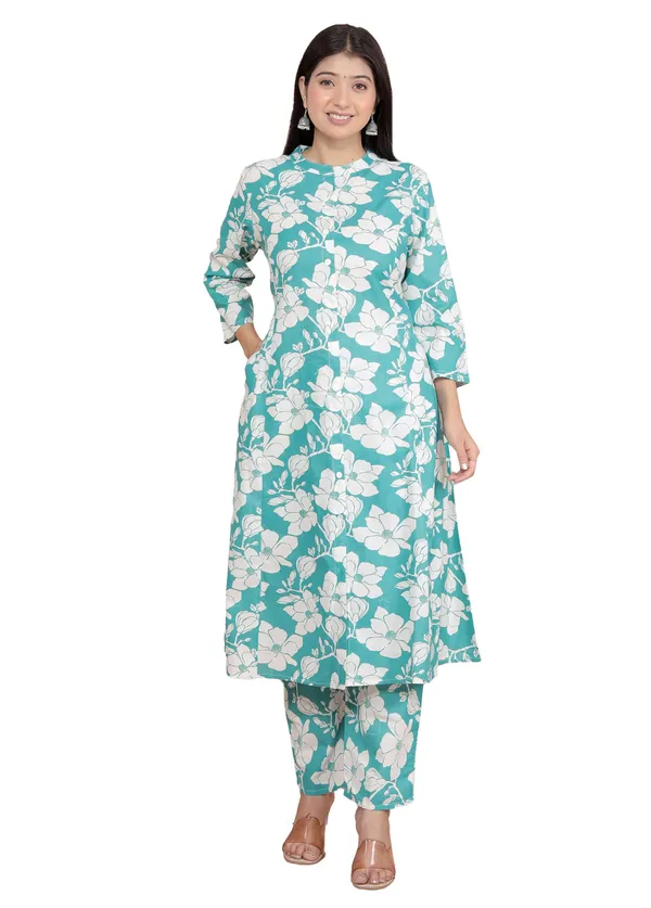 Sky_Blue_Cotton_Floral_Printed_Mandarin_Collar_A-Linen_Kurti_With_Pant_For_Women