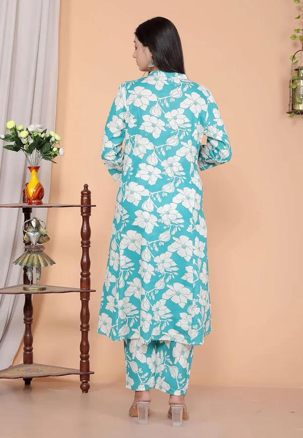 Sky_Blue_Cotton_Floral_Printed_Mandarin_Collar_A-Linen_Kurti_With_Pant_For_Women