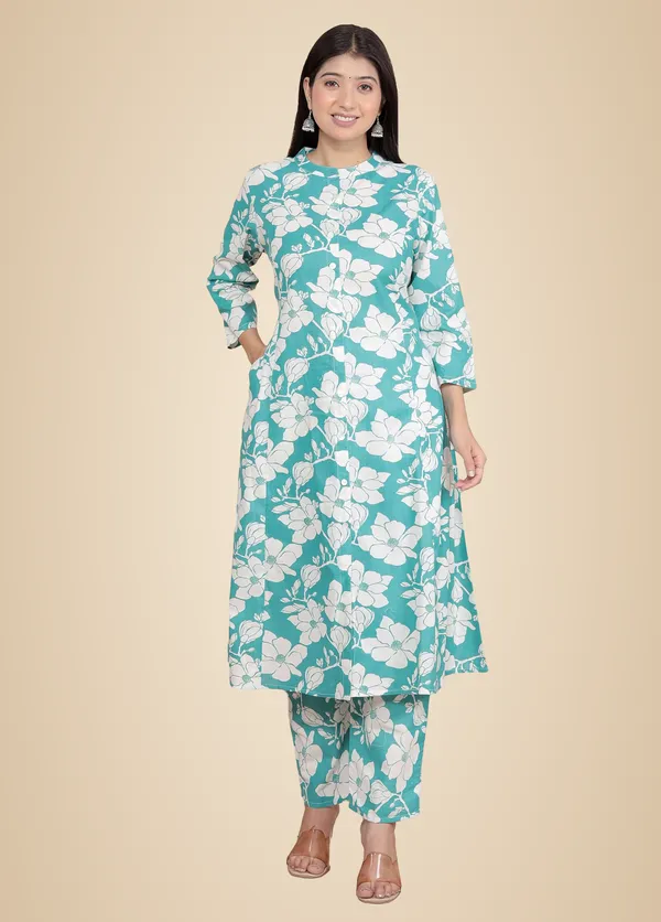Sky_Blue_Cotton_Floral_Printed_Mandarin_Collar_A-Linen_Kurti_With_Pant_For_Women