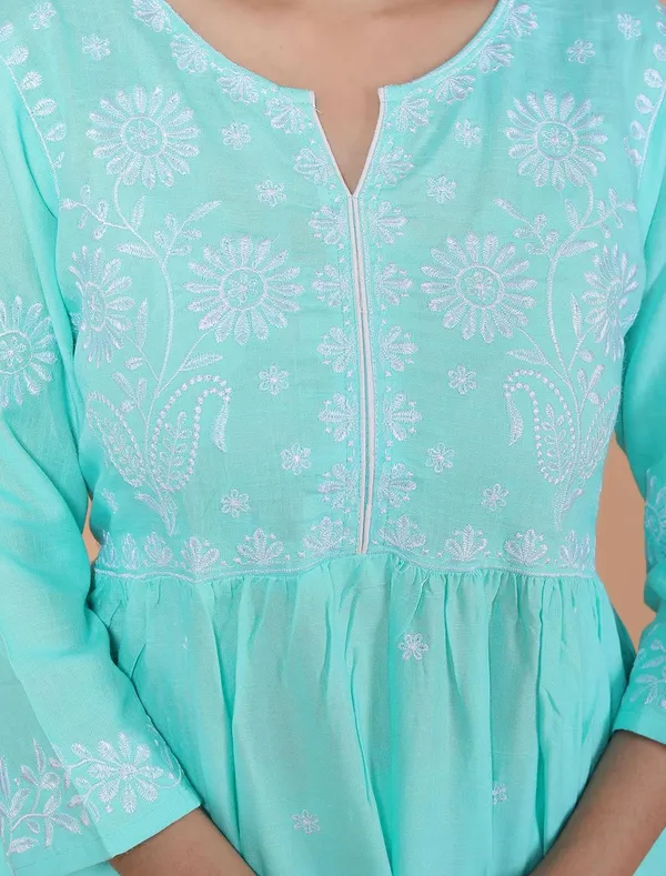 Sky_Blue_Rayon_Embroidered_V_Cut_Collar_Anarkali_Kurti_With_Pant_For_Women