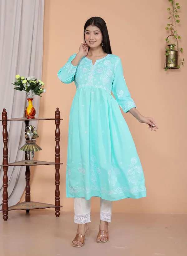 Sky_Blue_Rayon_Embroidered_V_Cut_Collar_Anarkali_Kurti_With_Pant_For_Women
