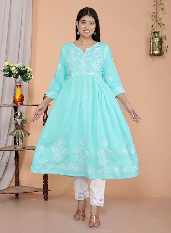 Sky_Blue_Rayon_Embroidered_V_Cut_Collar_Anarkali_Kurti_With_Pant_For_Women