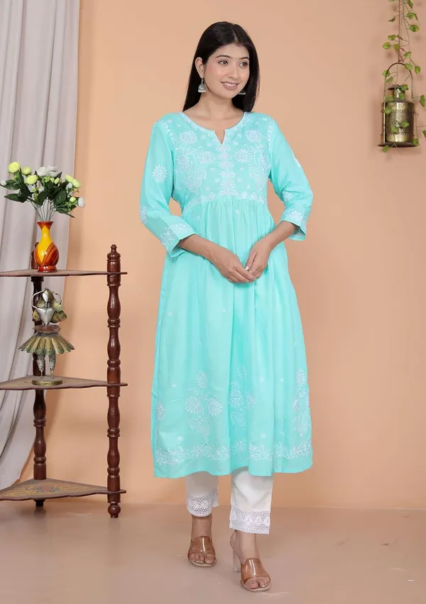 Sky_Blue_Rayon_Embroidered_V_Cut_Collar_Anarkali_Kurti_With_Pant_For_Women