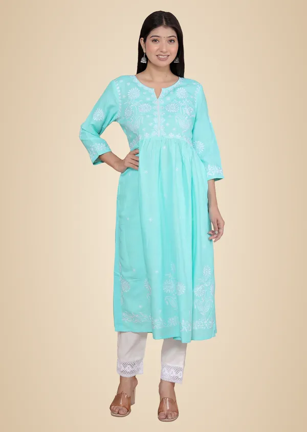 Sky_Blue_Rayon_Embroidered_V_Cut_Collar_Anarkali_Kurti_With_Pant_For_Women