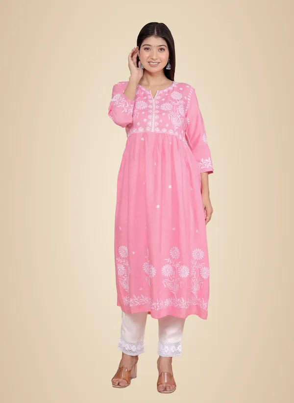 Pink_Rayon_Embroidered_V_Cut_Collar_Anarkali_Kurti_With_Pant_For_Women