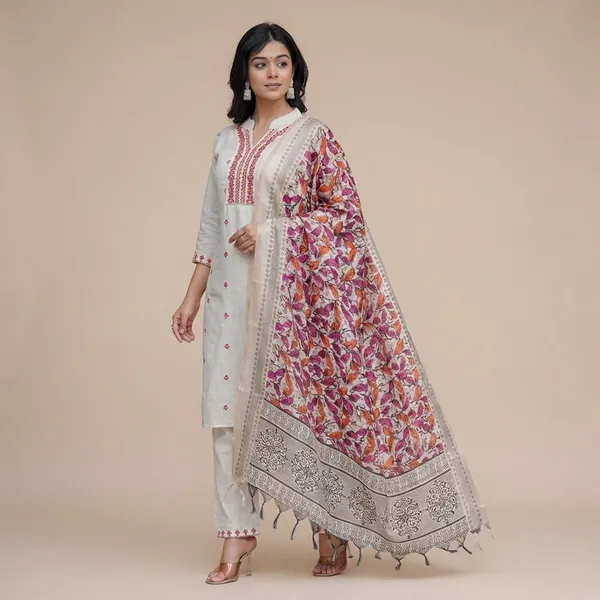 Cream_Cotton_Embroidered_Straight_Kurti_With_Pant_And_Dupatta_Set_For_Women