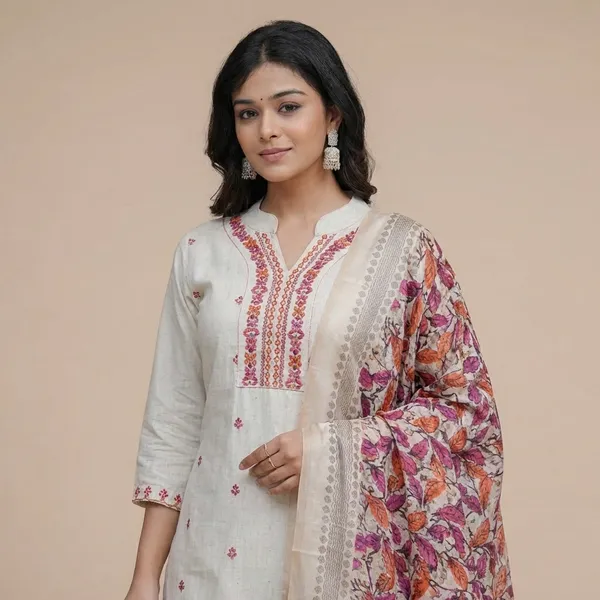 Cream_Cotton_Embroidered_Straight_Kurti_With_Pant_And_Dupatta_Set_For_Women