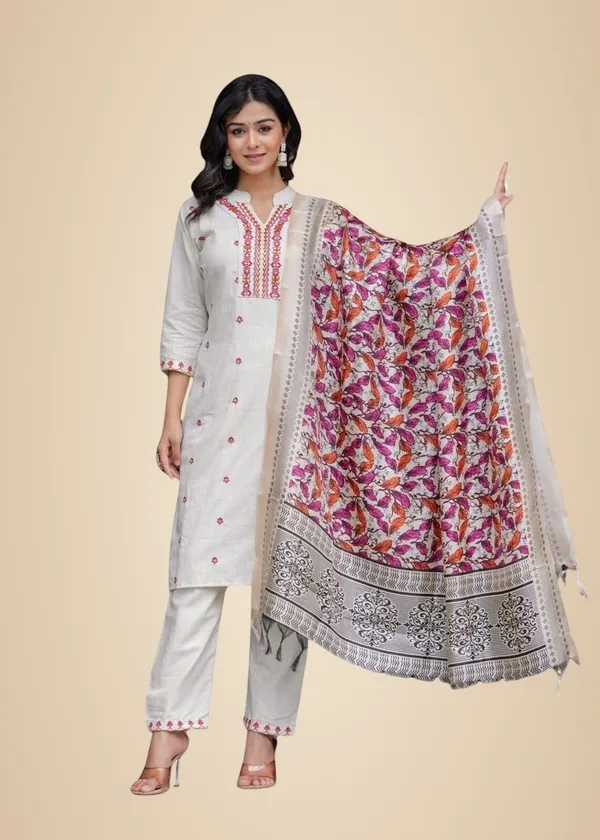 Cream_Cotton_Embroidered_Straight_Kurti_With_Pant_And_Dupatta_Set_For_Women