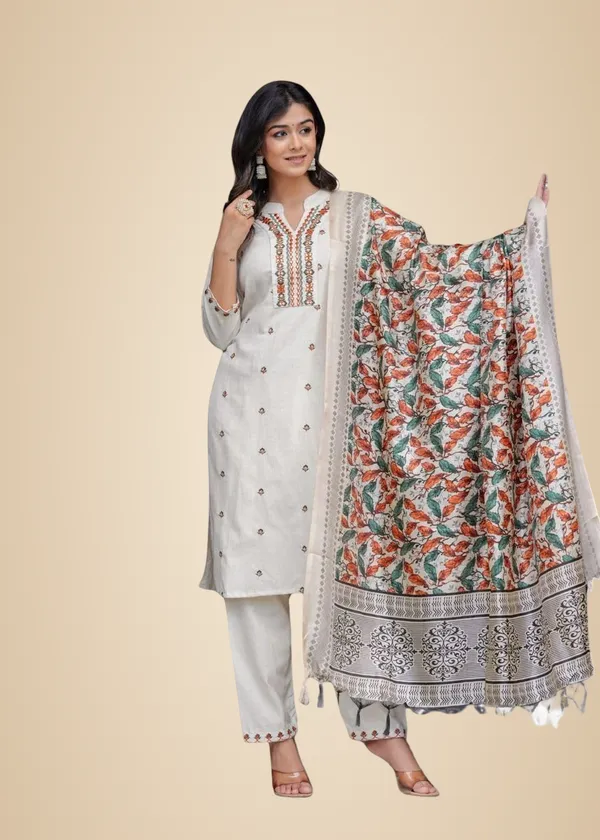 Cream_Cotton_Embroidered_Straight_Kurti_With_Pant_And_Dupatta_Set_For_Women