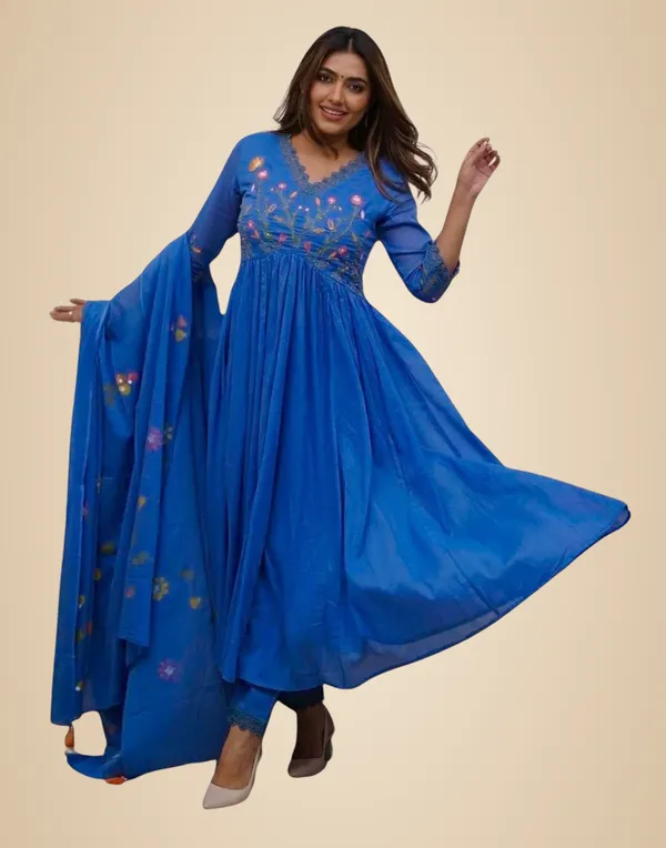 Blue_Cotton_Embroidered_Long_Anarkali_Kurti_Set_With_Pant_&_Dupatta_For_Women