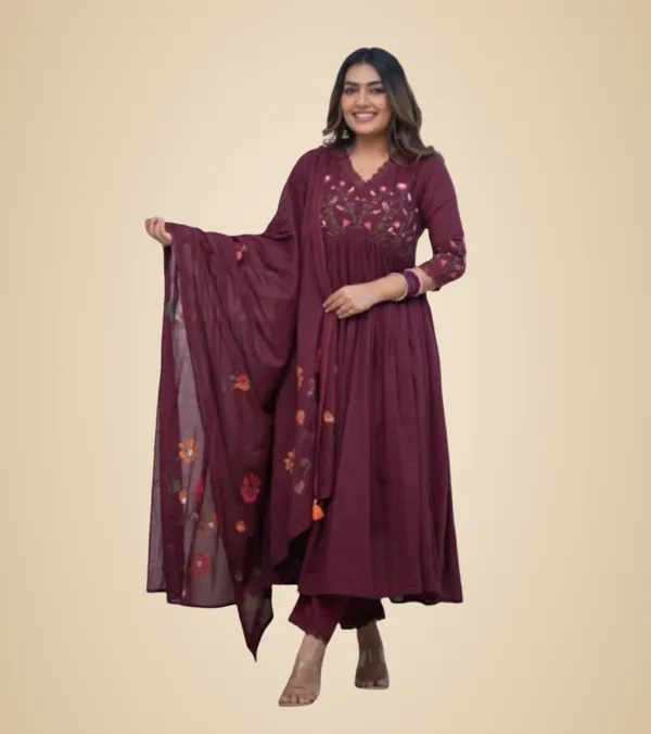 Maroon_Cotton_Embroidered_Long_Anarkali_Kurti_Set_With_Pant_&_Dupatta_For_Women