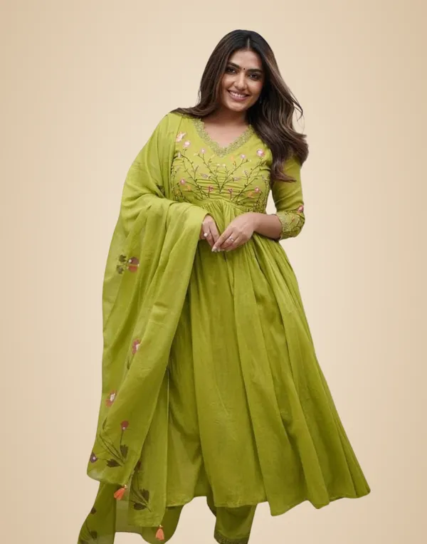 Mehendi_Green_Cotton_Embroidered_Long_Anarkali_Kurti_Set_With_Pant_&_Dupatta_For_Women