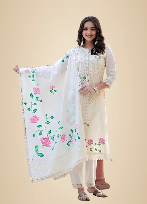 White_Cotton_Hand-Painted_Chicken_Shifli_Straight_Kurti_With_Pant_And_Mulmul_Dupatta_Set_For_Women