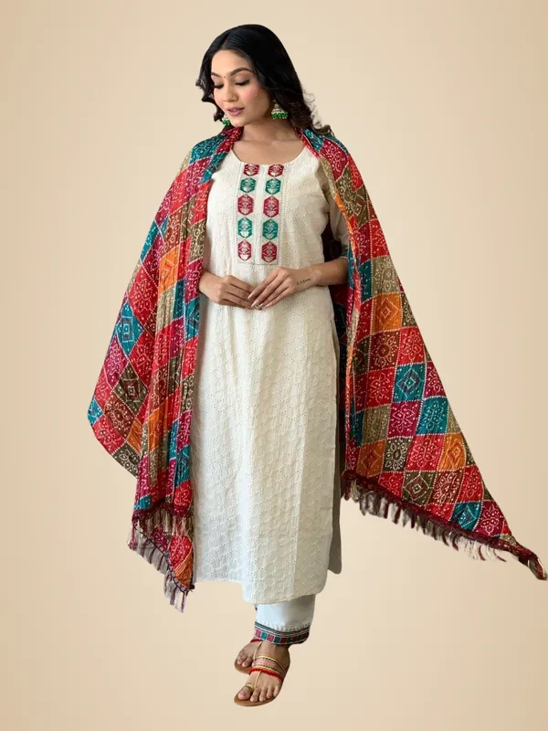 White_Cotton_Chikankari_Print_Straight_Kurti_With_Pant_And_Mulmul_Dupatta_Set_For_Women