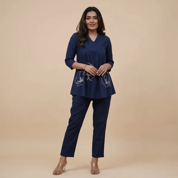 Navy_Blue_Cotton_Embroidered_Co-Ord_Set_2_Piece_Top_Bottom_Set_For_Women