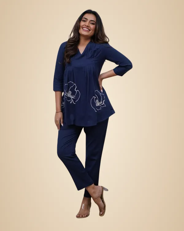 Navy_Blue_Cotton_Embroidered_Co-Ord_Set_2_Piece_Top_Bottom_Set_For_Women