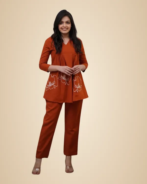Orange_Cotton_Embroidered_Co-Ord_Set_2_Piece_Top_Bottom_Set_For_Women