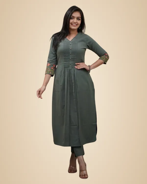 Green_Women_Cotton_A-Linen_Flared_Straight_Kurti_Set_With_Pant_|_Ethnic_Kurta_Pant_Set_For_Casual,_Office_For_Women