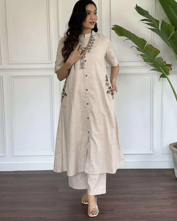 Beige_Rayon_Embroidery_Straight_Kurti_With_Pant_Set_For_Women