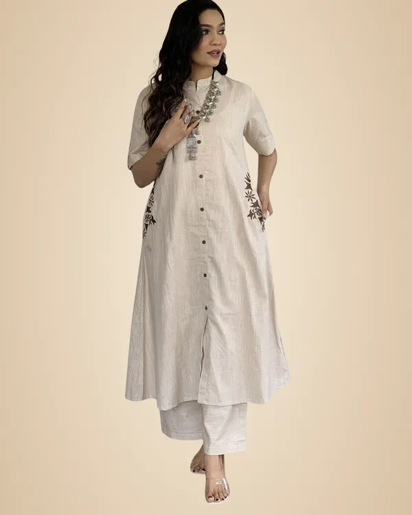 Beige_Rayon_Embroidery_Straight_Kurti_With_Pant_Set_For_Women