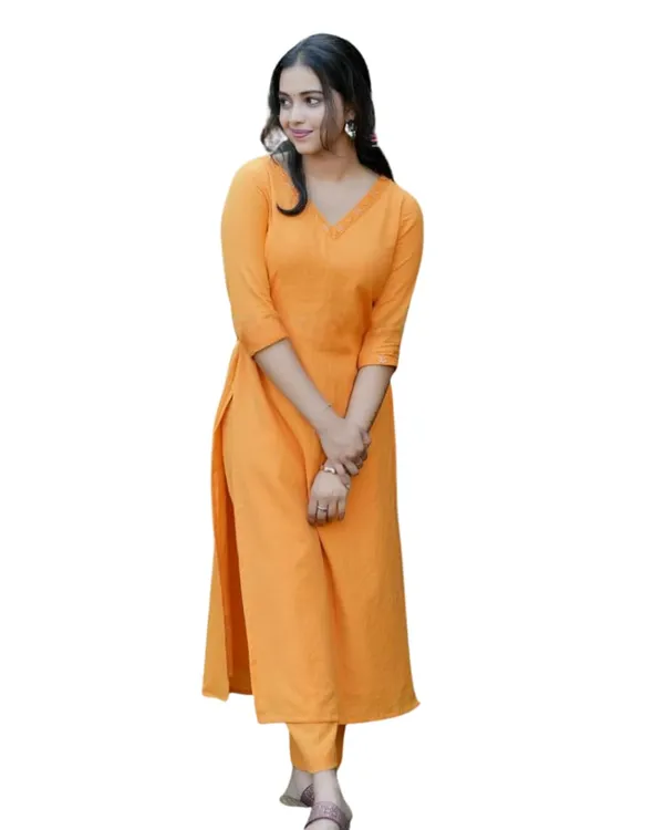 Orange_Cotton_V-Neck_Solid_Straight_Kurti_With_Pant_For_Women