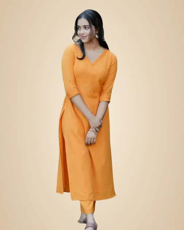 Orange_Cotton_V-Neck_Solid_Straight_Kurti_With_Pant_For_Women