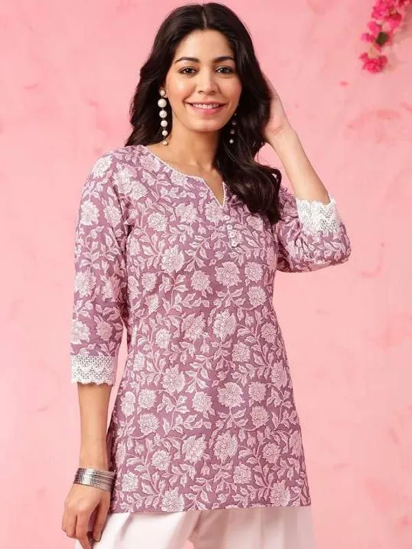 Purple_Rayon_Floral_Printed_Straight_Short_Kurti_Set_For_Women
