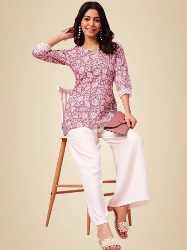 Purple_Rayon_Floral_Printed_Straight_Short_Kurti_Set_For_Women