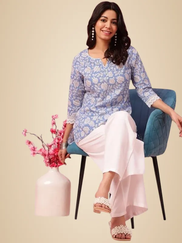 Sky_Blue_Rayon_Floral_Printed_Straight_Short_Kurti_Set_For_Women